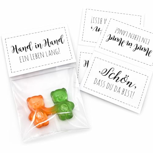 Hochzeitsshop Weddingtree Gastgeschenk Hochzeit „Hand in Hand ein Leben lang“ Bärchen Pärchen – Tütchen mit Etikett für Gummibärchen – Candybar Deko & Mitgebsel für Hochzeitsgäste