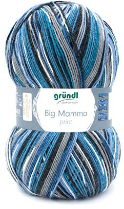 Gründl Wolle Big Mamma Print - XXL Wolle zum Stricken - Großknäuel 400 g / 1040 m - Wolle Farbverlauf aus 100 % Polyacryl - Jeans-azur-blau-grau-marine-weiß