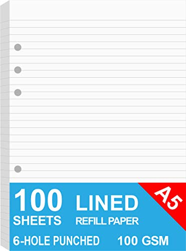 A5 liniertes Nachfüllpapier für Filofax-Planer/Ordner/Organizer, 6-fach gelocht, lose Blätter, 100 Blatt/200 Seiten, 100 g/m², Weiß, 148 x 210 mm