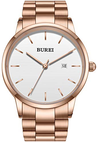 BUREI Uhren Quarz Herren Armbanduhren Minimalistische Uhr Herren Analog Wasserdicht Armbanduhr mit Datum (Roségold Weißes)