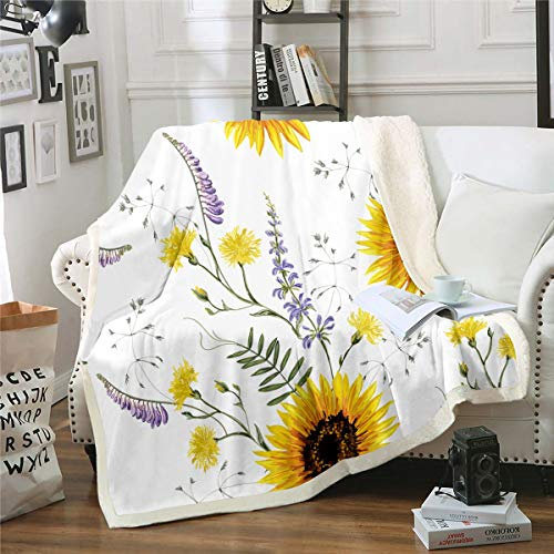 Loussiesd Sunflower Sherpa Blanket - Floral Print Fleece Throw for Women, Yellow Flowers, Breathable Botanical Branches, Plush Room Decor, Air Conditioning Double 60x79