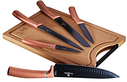 Berlinger Haus Rose Gold Juego 5 Cuchillos Cocina Profesional Tabla Cortar Bambú, Hoja Acero Inox. Recubrim. Antiadherente, Cocinero, Cebollero, Pan, Rebanador, Pelar, Diseño Metallic Line (BH-2575)