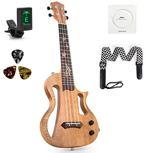 Lotkey Lautlose Ukulele, 58,4 cm Okoume-Körper, elektrische Ukulele zum Üben oder Aufführungen mit AMP-Ausgang, italienische Nylonsaite mit Stimmgurt und komplettem Zubehör