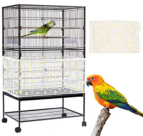 Yepper Large Bird Cage Cover, Bird Cage Seed Catcher, Adjustable Soft Nylon Mesh Net with Daisy Pattern, Birdcage Cover Skirt Seed Guard for Parrot Parakeet Macaw Round Square Cages (White)