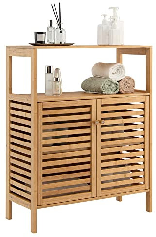 COSTWAY Meuble Salle de Bain en Bambou, Armoire avec Étagère Ouverte et Portes à Double Persienne, Placard de Rangement pour Salle à Manger, Salon, Cuisine, 64 x 27,5 x 80 cm, Naturel