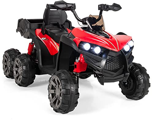 GYMAX Kids Ride on ATV, 12V Electric Quad Bike with Back Trunk, Backrest, LED Lights, USB, Music & Story, 6 Wheels Battery Powered Toy Car for 3 Years Old + Boys Girls (Red)