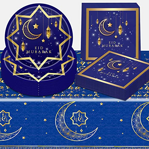 JMSTORUK Eid Ramadan Mubarak Party Supplies Tableware Set Includes Plates Napkins Table Cover Tablecloth Perfect for Eid Ramadan Party Dining Decoration Supplies