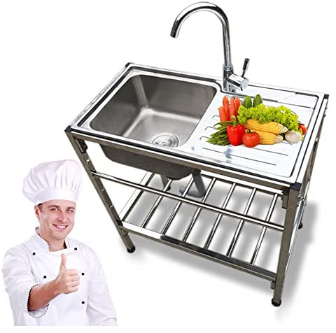 Lavello utilità acciaio inossidabile,Lavello Cucina 1 Vasca,Lavandino da Esterno,Lavandino Autoportante Commerciale, con Rubinetto, Gocciolatoio,Supporto,per Ristorante,Lavanderia,Interno,Esterno ( Co