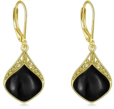 Schwarze Onyx Ohrringe Tropfen Ohrringe aus Sterling Silber 18 Karat Gelbgold Vergoldet Filigrane Boho Ohrhänger Schmuck Geschenke für Damen