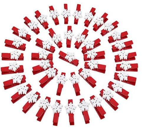 50pcs Mini Clothes Pins for Photo Christmas Tree Decoration White Wooden Heart Star Small Clothespins Picture Hanger Display Clips with String (Red Snow, 50 Pcs)