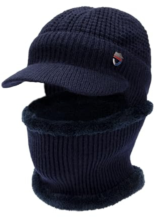 Heveer Herren Wintermütze Loop Schal Set Warme Strickmütze mit Krempe Weichem Gefüttert Ohrenschützer Hut für Outdoor Marineblau