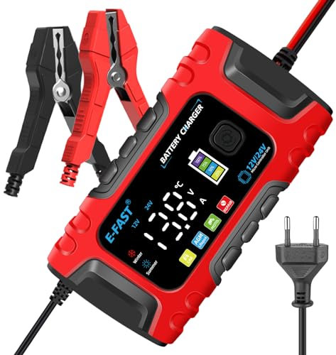 Chargeur de Batterie Intelligent 10A 12V/5A 24V Mainteneur et Automatique Réparation Fonction Portable avec Écran LCD, pour Voiture Moto Camion, AGM, Gel, Wet, SLA