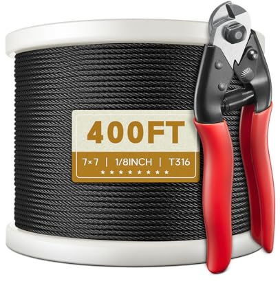 KALLSDY Câble en acier inoxydable noir T316 de 100 m pour kit de garde-corps, balustrades de bricolage, construction 7 x 7 brins, livré avec un cutter