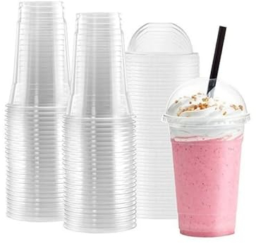 Techno Pack of 200 Reusable Clear Plastic Smoothie Cup with Cross Lid Dome for Smoothie, Milkshake, Juice, Soda, Cocktail, Perfect for Parties, Weddings, Birthdays, Restaurants, Size - 16oz (473ml)