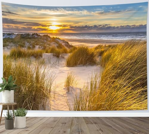 LB Wandteppich Tropischer Strand Wandtuch Grüne Pflanze unter Orange Sunset Wandbehang Sommer Küstenmeer Naturlandschaft Tapisserie für Wohnzimmer Schlafzimmer Wohnheim Wanddeko,200x150cm