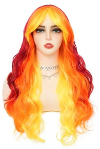 Siudus Frauen Gelb Orange bis Rot Perücke Lange Lockige Wellige Bunte Mittelteil Haarperücken mit Bangs Synthetische Hitzebeständige Faserperücke für Cosplay Kostüm Halloween Gebrauch