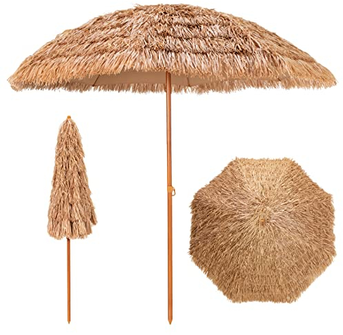 Costway Parasol Hawaïen en Paille de Plastique, Inclinable Φ205CM, 222CM de Hauteur, Style Exotique Tropicale à 8 Baleines pour Balcon, Jardin, Piscine (Naturel)