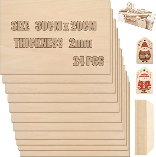 24Pcs Balsaholz Platten Sperrholz 300 x 200 x 2mm Lindensperrholz Holzplatten zum Basteln, Holzplatten zum Gravur- und DIY-Projekte, Sperrholzplatte für Gemälde, Holzprojekte und Gravuren