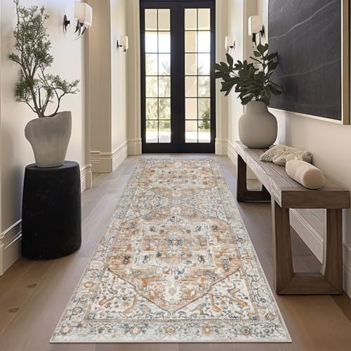 Homcomodar Vintage Läufer Flur rutschfest 80x200cm Distressed Teppich Flur Waschbar Küchenteppich Boho Teppich Läufer Flur für Schlafzimmer Küche Waschraum Korridor Türweg(Beige/Gelb)
