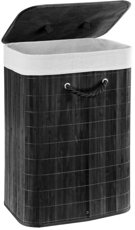 GEEZY Bamboo Laundry Hamper with Lid 72L, Black - Foldable Laundry Basket, Removable Fabric Liner Bag, Sturdy Rope Handles - Collapsible Washing Bin for Bedrooms, Bathrooms, Dirty Clothes Storage