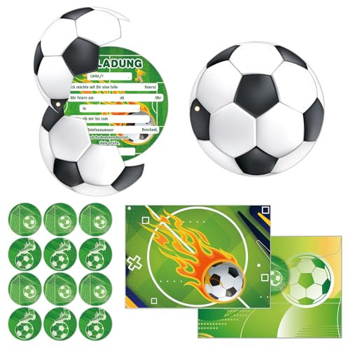 Fakindiy 12 Stück Einladungskarten Kindergeburtstag Fußball – Einladungen für Mädchen & Jungen – Partyeinladungen mit Umschlägen & Stickern
