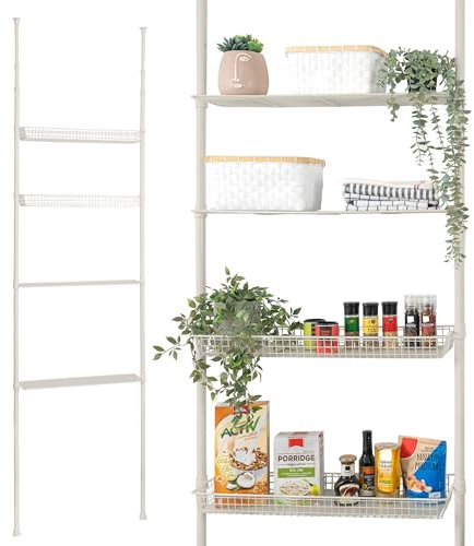 bremermann Teleskop-Regal mit 2 Körben 2 Ablagen, Badregal, Waschmaschinenregal, Allzweckregal für viele Wohnbereiche geeignet, Teleskop-Stange höhenverstellbar bis max. ca. 290 cm (Cremeweiß)