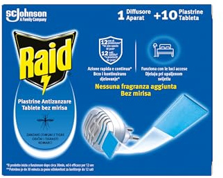 Raid Piastrine Antizanzare, Azione prolungata,1 Diffusore + 10 Ricarica | Inodore, Area di Utilizzo Interno / Esterno