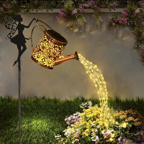 Fairy Garden Decor with Solar Watering Can, Solar Garden Lights Waterproof Hanging Lantern,LED Light String Retro Metal Water Pot Light, for Garden Patio Yard Pathway Lantern Plant Decoration