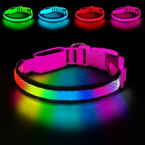 PWOD LED-Hundehalsband, beleuchtetes Hundehalsband USB wiederaufladbar, Nylon, verstellbar, bequem, weich, hell, RGB, 7 Farben, wechselndes Sicherheitslicht, leuchtendes Halsband für mittelgroße und