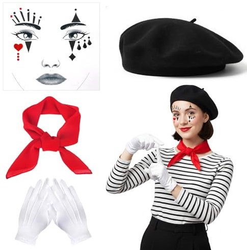 Kazunark Pantomime, Clown Kostüm Damen, 4-teiliges Set mit Baskenmütze, Schal, Handschuhen, Gesichtstattoo, Für Karneval, Fasching, Halloween, Mottoparty ﻿