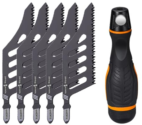 Garosa 5-teiliges Bündigschnitt-Stichsägeblatt, Sägeblätter aus Kohlenstoffstahl mit Unregelmäßiger Kurve und ABS-Griff für Weichholz, Faserplatten, Sperrholz, Trockenbau,