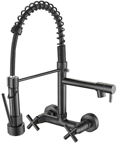 YWJFSA Robinet Mural Cuisine avec Douchette Abaissée,Double Bec, Pivotante à 360° Poignée Double Robinet D'Évier De Cuisine à Ressort à Arc Élevé,Froid & Chaud Disponible