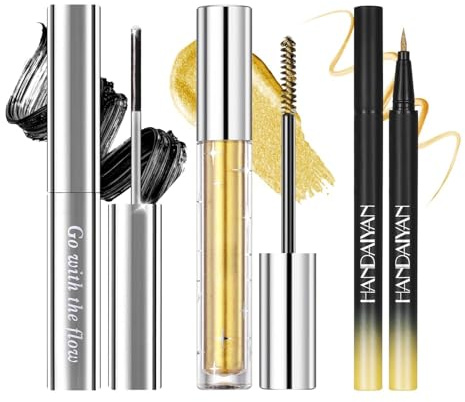 Prreal 3PCS Mascaras & Eyeliner Set,Metal Mascara Black,Glitter Mascara,02 | Liquid Metallic Eyeliner,Super Curling Volumizing Diamond for Eyelashes,Waterproof for Daily Party Festival Eye Makeup, Gold