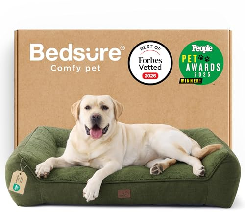 BEDSURE SupportMax™ extra Dickes ergonomisches Hundebett Grosse Hunde | 114x81x24cm Druckentlastendes Hundesofa, waschbarer Bezug, rutschfest, Sherpa-Plüsch, stilvolles Design, dunkelgrün