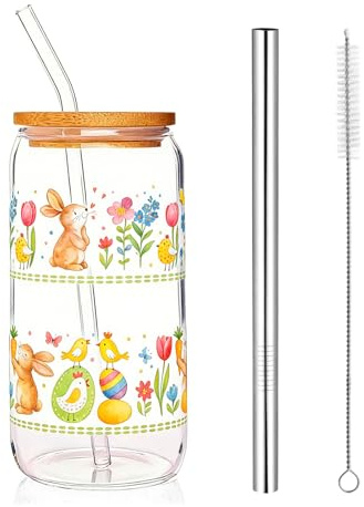 Ostertassen Glas, 500ml Tasse Ostern mit Deckel und Strohhalmen, Frühlings Design, Matcha Glas Set für Eiskaffee, Smoothies, Teeliebhaber, inkl Reinigungsbürste