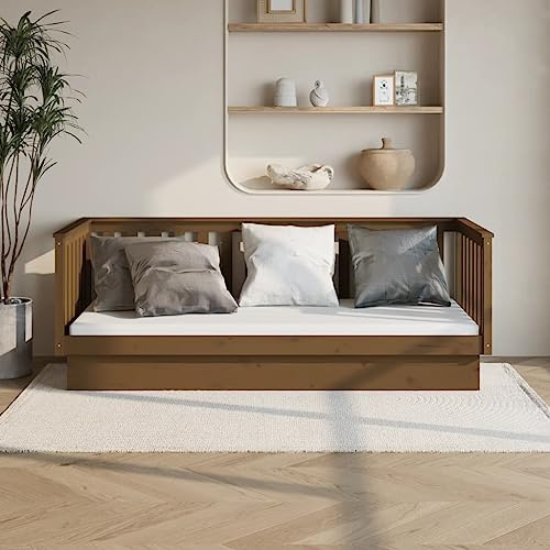 Hoopleep Honigbraunes Tagesbett aus massivem Kiefernholz, 100x200 cm Schlafsofa mit Lattenrost und 3-seitigem Bettgitter, vielseitig nutzbarer Bettrahmen für Schlafzimmer und Wohnzimmer