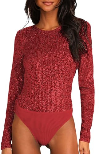 Glitzer Body Damen Langarm Pailletten Oberteil Elegant Blusenbody Rückenfreies Bodysuits Langarmbody Rundhalsausschnitt Glitzerbody Sparkle Bodys Tops für Club Party Rave Outfit Festliches Kleidung