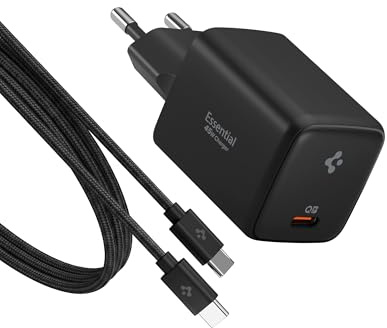 Spigen ArcStation Essential GaN 45W USB-C Ladegerät, Fast Charger, Schwarz | Mit 100W E-Marker-Kabel, PD PPS Schnellladegerät, Netzteil Adapter für iPhone 17, Galaxy S26/Z Fold 8, Pixel 11 Pro XL Fold