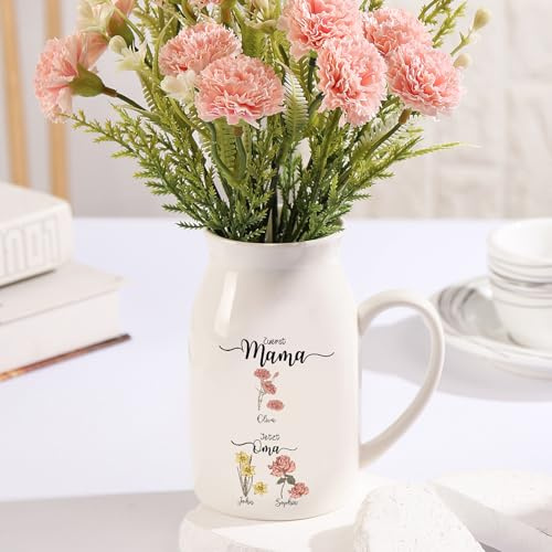 Jeweidea Personalisierte Keramikvase mit Gravur Namen Foto Geschenk für Mama, Geschenk für Oma, Muttertagsgeschenke für Mama, Weiße Blumenvase Esstisch Wohnzimmer Dekoration (Geburtstagsblume 2)