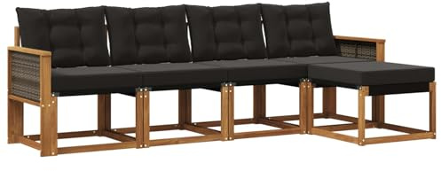 vidaXL Outdoor-Sofagarnitur mit Kissen 5 pcs Natürlich und Schwarz, Gartenmöbel, modernes, langlebiges Outdoor-Sofa, Eckset für Terrasse, Bequeme Lounge und Sitzgelegenheit