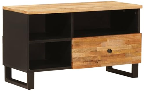Runheo Mueble de TV de madera maciza de mango marrón 80 x 33 x 46 cm con estante y cajón, para sala de estar, mueble bajo para televisión, cine en casa, juegos, espacio de almacenamiento, gestión de