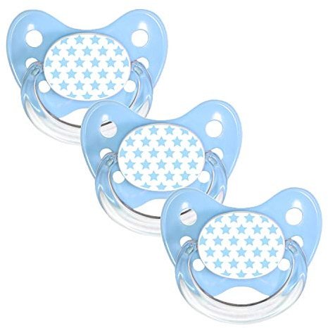 dentistar Silikon Schnuller 3er-Set - Größe 2, 6-14 Monate - Zahn- & kieferfreundlicher Nuckel mit Dental-Stufe – BPA-frei – Made in Germany - Blaue Sterne, Blau