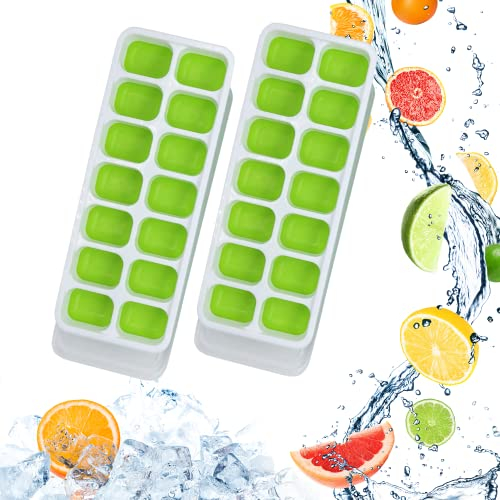 CUQOO Silicone Ice Cube Trays with Lids – 2 Pack BPA-Free Easy Release Ice Moulds, Stackable & Reusable Freezer Trays for Baby Food, Cocktails & Drinks – Dishwasher Safe