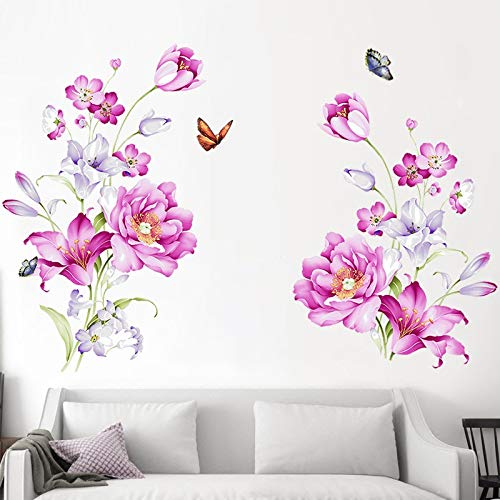 COVPAW® Wandtattoo Wandaufkleber XXL Pfingstrose Lilie Rosa Lila Peony Blumen Wandsticker Wandbild Bilder Wohnzimmer Schlafzimmer Deco