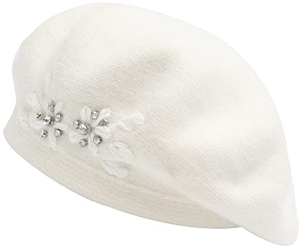 ZLYC Damen Wolle Baskenmütze Klassische Französischen Barett Warm Beret Mütze(Blumen Weiß)