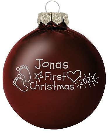 Deitert Weihnachtskugel mit Wunschtext Gravur, Ø 8cm, personalisierte Christbaumkugel aus Glas (glänzend), Individueller Weihnachtsbaumschmuck Namen oder Spruch, Babys First Christmas, Schoko