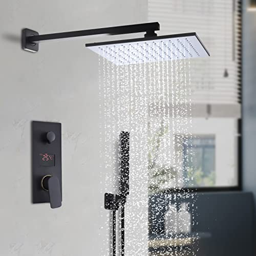 Sistema de ducha empotrado, sistema de ducha de lluvia, LED, color negro, sistema de ducha con pantalla digital, juego de ducha con cabezal de ducha, ducha de mano, cascada