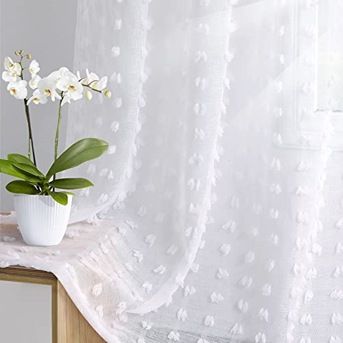 Joywell Kurz Weiß Durchsichtige Vorhänge Küche Badezimmer Mädchen Gardinen Pom Pom Vorhänge Gepunktete Textur Boho Semi Sheer Kurze Gardinen für Wohnzimmer Schlafzimmer 2er Set BxH 140x138