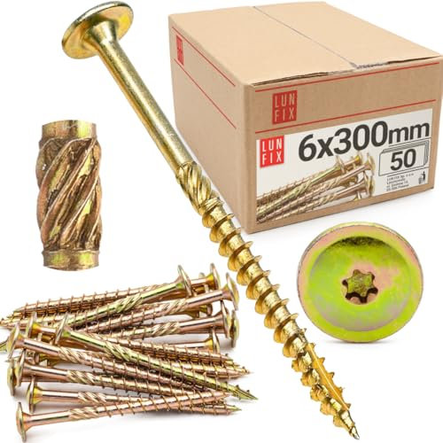 Lun Fix Tellerkopfschrauben 6x300 | 50 Stück | TX40 Torx | Tellerkopf mit Fräsrippen | Gelb Verzinkt | Holzschrauben | Terrassenschrauben | Spanplattenschrauben | Selbstschneidende Schrauben