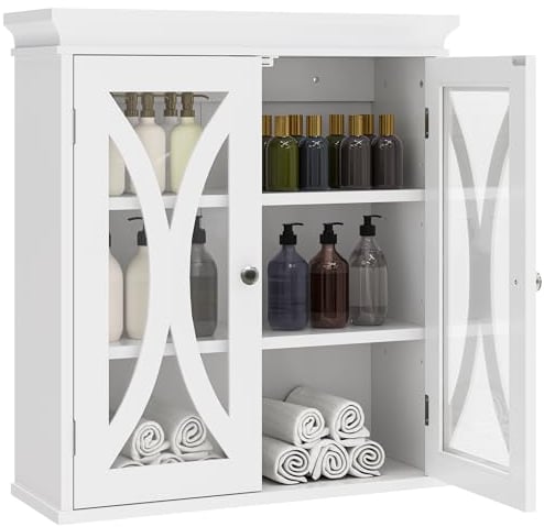 YITAHOME Armario para Baño de Pared, Moderno Mueble para Baño Suspendido con Puerta de Cristal y Estantes Ajustables, Mueble Baño Colgar, Armario Cocina Pared (Blanco)